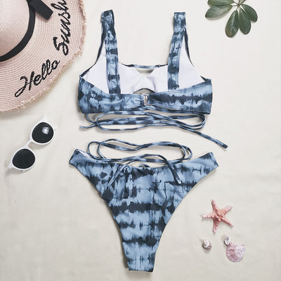 Blue and black tie-dye three-piece bikini set with cross-tie top, matching bottoms, and sheer sarong. - Image 14