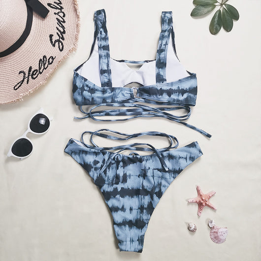 Blue and black tie-dye three-piece bikini set with cross-tie top, matching bottoms, and sheer sarong. - Image 14