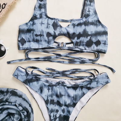 Blue and black tie-dye three-piece bikini set with cross-tie top, matching bottoms, and sheer sarong. - Image 15