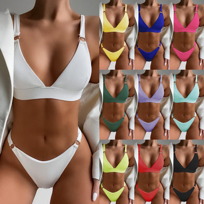 Coral ribbed two-piece bikini with triangle top and O-ring detail on straps and sides, worn by a woman. - Image 14
