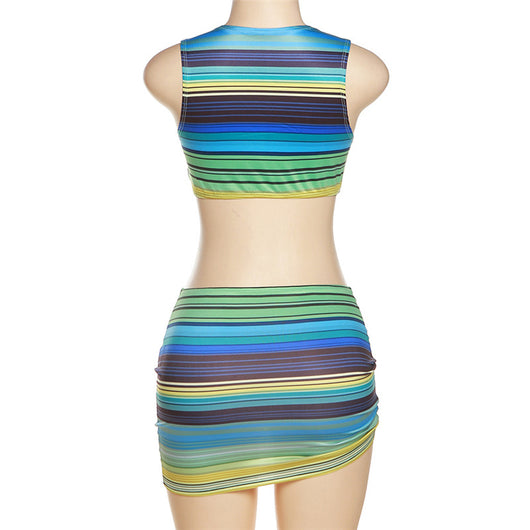 Women's green, blue, and yellow striped two-piece set with a V-neck crop top and an asymmetrical mini skirt. - Image 14