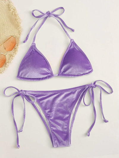 Women's high waist split swimsuit in vibrant blue velvet-like fabric with triangle top and tie-side bottom. - Image 9