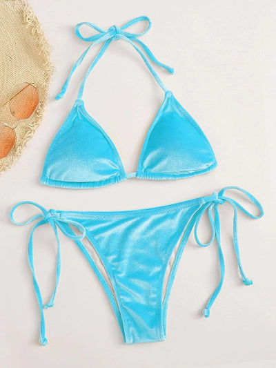 Women's high waist split swimsuit in vibrant blue velvet-like fabric with triangle top and tie-side bottom. - Image 10