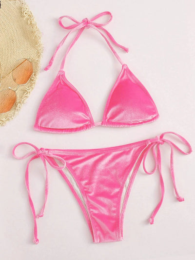 Women's high waist split swimsuit in vibrant blue velvet-like fabric with triangle top and tie-side bottom. - Image 11