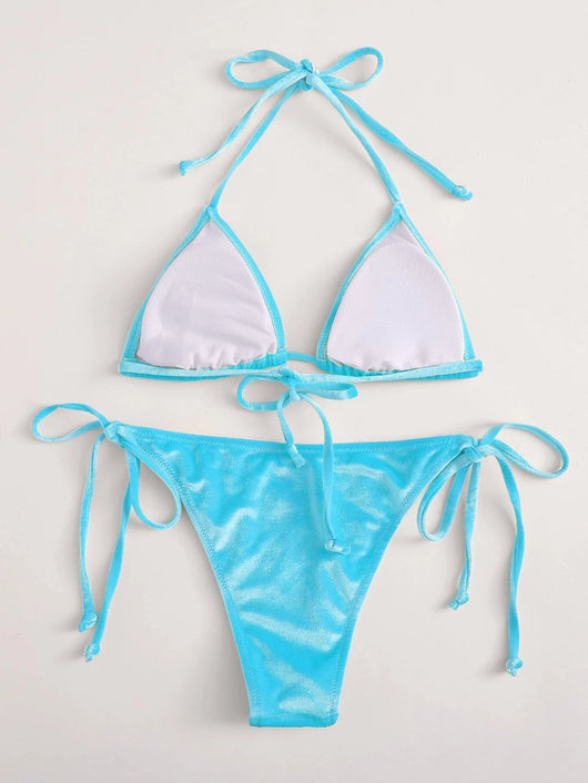Women's high waist split swimsuit in vibrant blue velvet-like fabric with triangle top and tie-side bottom. - Image 12