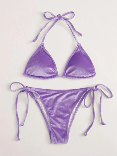 Women's high waist split swimsuit in vibrant blue velvet-like fabric with triangle top and tie-side bottom. - Image 14