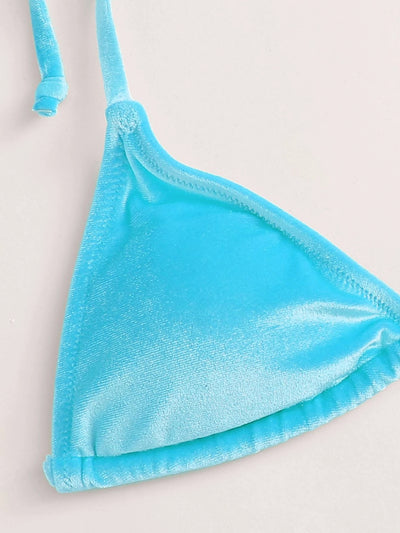 Women's high waist split swimsuit in vibrant blue velvet-like fabric with triangle top and tie-side bottom. - Image 15