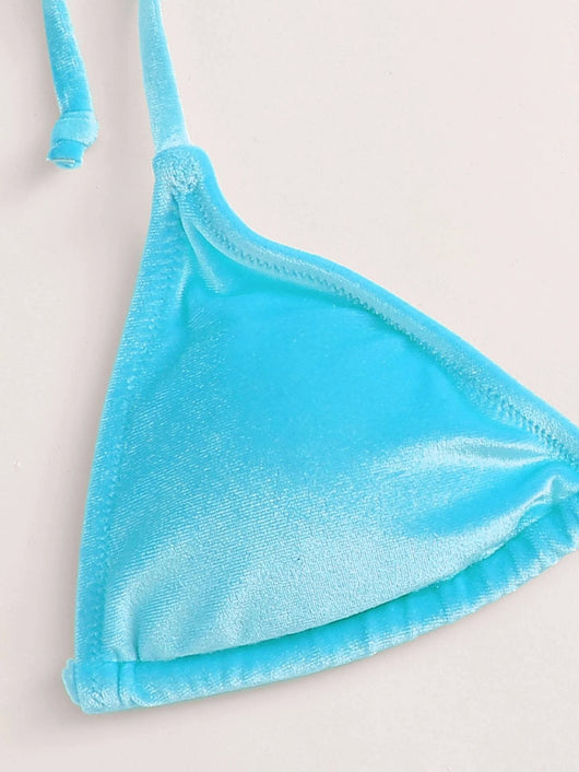 Women's high waist split swimsuit in vibrant blue velvet-like fabric with triangle top and tie-side bottom. - Image 15