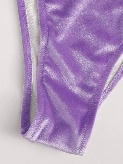 Women's high waist split swimsuit in vibrant blue velvet-like fabric with triangle top and tie-side bottom. - Image 16