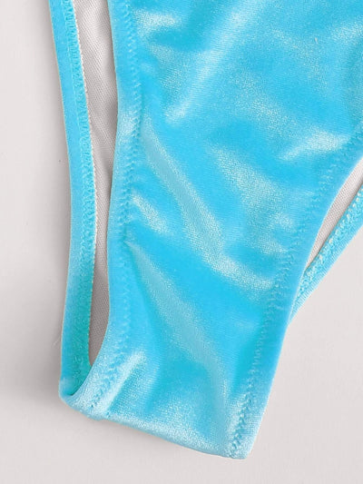 Women's high waist split swimsuit in vibrant blue velvet-like fabric with triangle top and tie-side bottom. - Image 17
