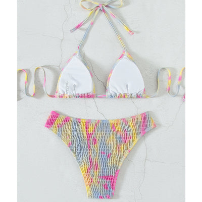 Multicolor tie-dye ruched two-piece swimsuit with a triangle bikini top and matching high-cut bottom. - Image 12