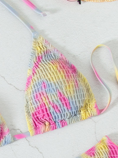 Multicolor tie-dye ruched two-piece swimsuit with a triangle bikini top and matching high-cut bottom. - Image 13
