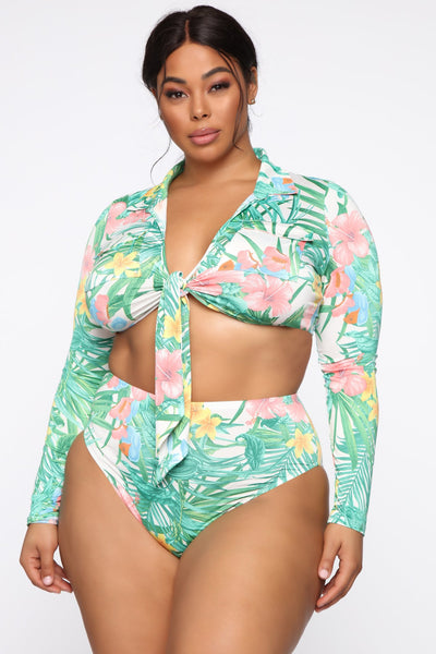 Long sleeve high waist bikini with tropical floral and leaf print, featuring a tie-front top. - Image 12