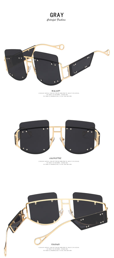 Red oversized rimless sunglasses with a unique geometric design and gold-tone metal temples. - Image 11