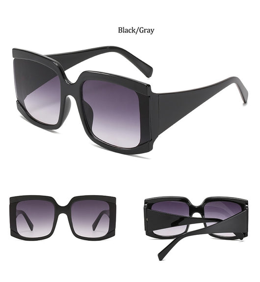 Oversized square-frame sunglasses with a light pink frame and gradient lenses transitioning from purple to orange to yellow. - Image 18