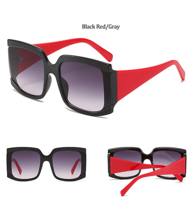 Oversized square-frame sunglasses with a light pink frame and gradient lenses transitioning from purple to orange to yellow. - Image 20