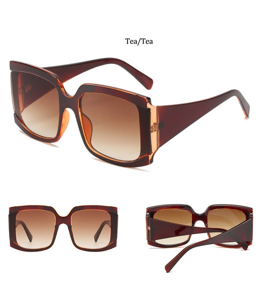 Oversized square-frame sunglasses with a light pink frame and gradient lenses transitioning from purple to orange to yellow. - Image 21