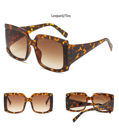 Oversized square-frame sunglasses with a light pink frame and gradient lenses transitioning from purple to orange to yellow. - Image 22