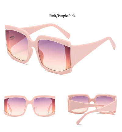 Oversized square-frame sunglasses with a light pink frame and gradient lenses transitioning from purple to orange to yellow. - Image 23