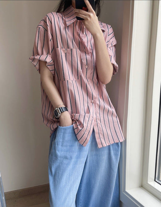 Camisa Retro de Rayas con Solapa Literaria, Manga Corta Suelta y Ligera - Image 11