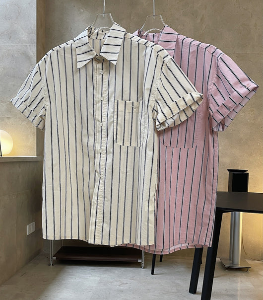 Camisa Retro de Rayas con Solapa Literaria, Manga Corta Suelta y Ligera - Image 18