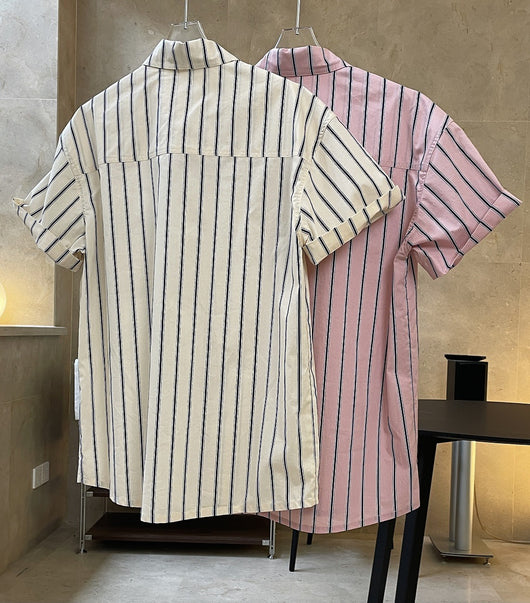 Camisa Retro de Rayas con Solapa Literaria, Manga Corta Suelta y Ligera - Image 19