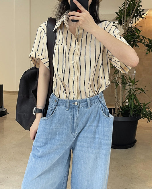 Camisa Retro de Rayas con Solapa Literaria, Manga Corta Suelta y Ligera - Image 21