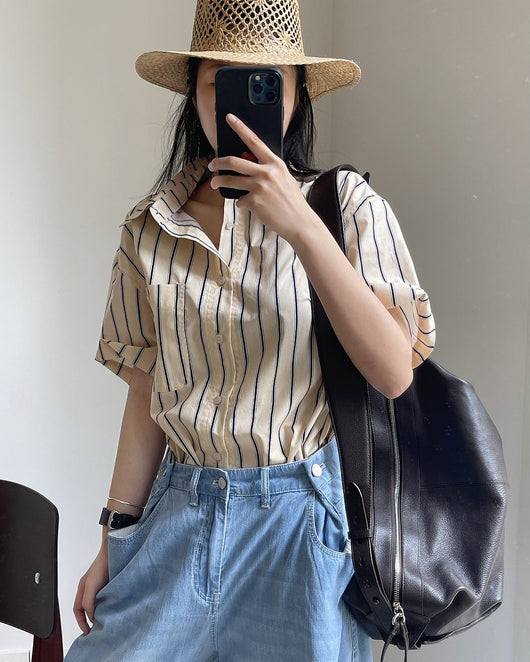 Camisa Retro de Rayas con Solapa Literaria, Manga Corta Suelta y Ligera - Image 25