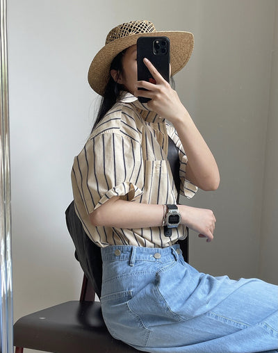 Camisa Retro de Rayas con Solapa Literaria, Manga Corta Suelta y Ligera - Image 26