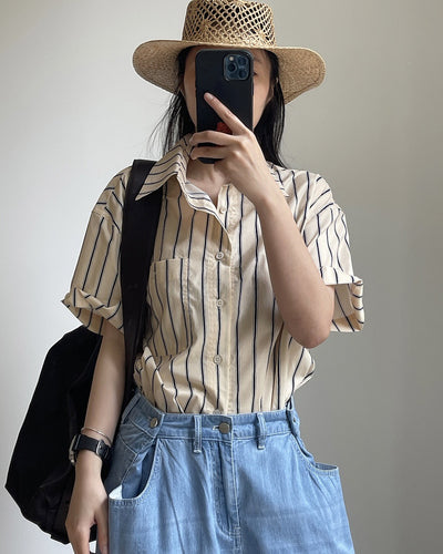 Camisa Retro de Rayas con Solapa Literaria, Manga Corta Suelta y Ligera - Image 27