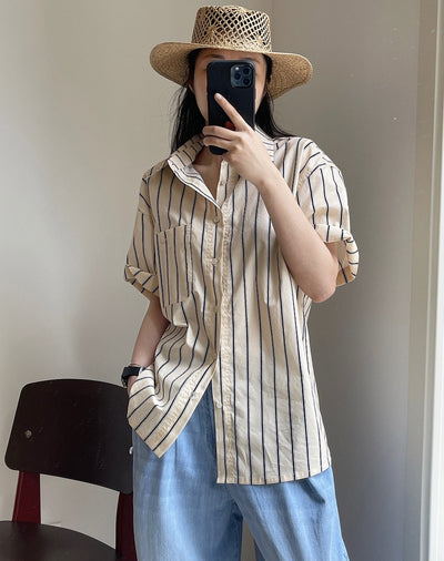 Camisa Retro de Rayas con Solapa Literaria, Manga Corta Suelta y Ligera - Image 33