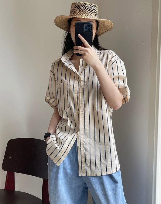 Camisa Retro de Rayas con Solapa Literaria, Manga Corta Suelta y Ligera - Image 33