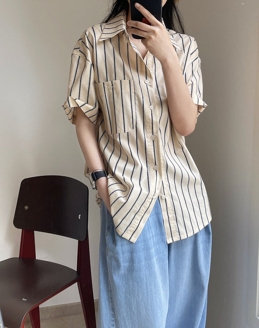 Camisa Retro de Rayas con Solapa Literaria, Manga Corta Suelta y Ligera - Image 35