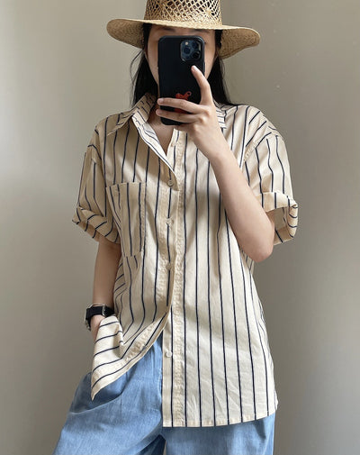 Camisa Retro de Rayas con Solapa Literaria, Manga Corta Suelta y Ligera - Image 36