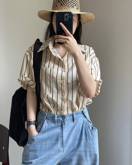Camisa Retro de Rayas con Solapa Literaria, Manga Corta Suelta y Ligera - Image 37