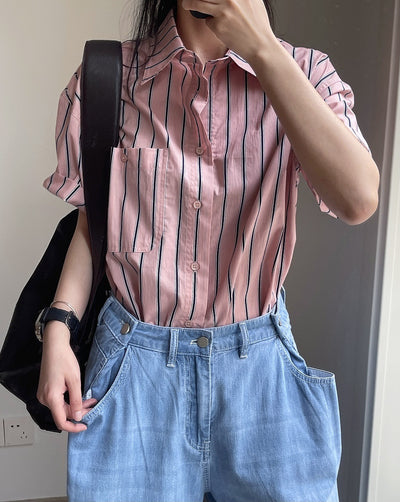 Camisa Retro de Rayas con Solapa Literaria, Manga Corta Suelta y Ligera - Image 39