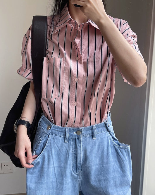Camisa Retro de Rayas con Solapa Literaria, Manga Corta Suelta y Ligera - Image 39