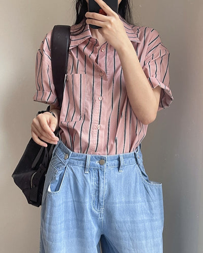 Camisa Retro de Rayas con Solapa Literaria, Manga Corta Suelta y Ligera - Image 40