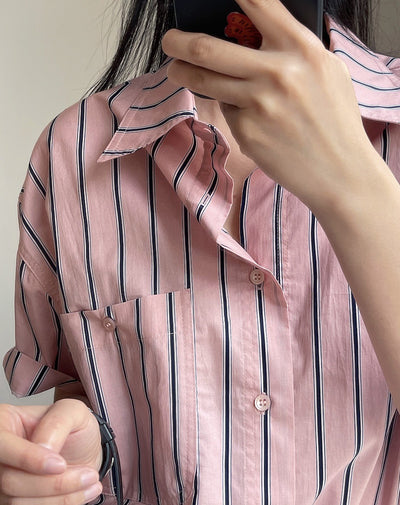 Camisa Retro de Rayas con Solapa Literaria, Manga Corta Suelta y Ligera - Image 41