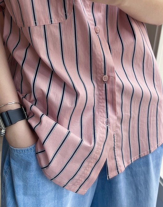 Camisa Retro de Rayas con Solapa Literaria, Manga Corta Suelta y Ligera - Image 42