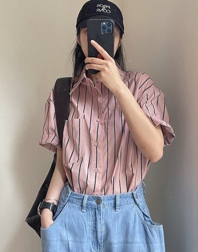 Camisa Retro de Rayas con Solapa Literaria, Manga Corta Suelta y Ligera - Image 43