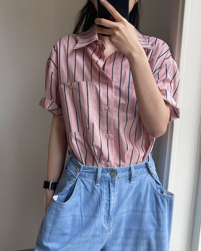 Camisa Retro de Rayas con Solapa Literaria, Manga Corta Suelta y Ligera - Image 44