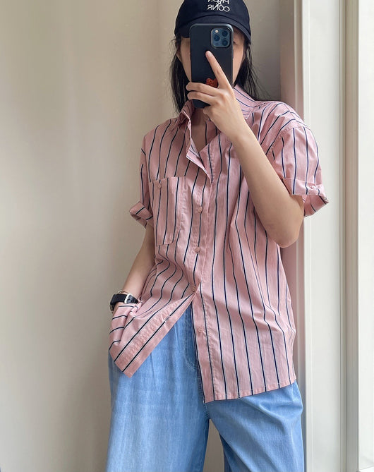 Camisa Retro de Rayas con Solapa Literaria, Manga Corta Suelta y Ligera - Image 45