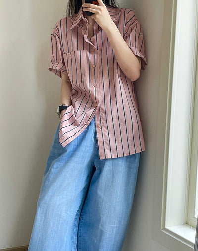 Camisa Retro de Rayas con Solapa Literaria, Manga Corta Suelta y Ligera - Image 46