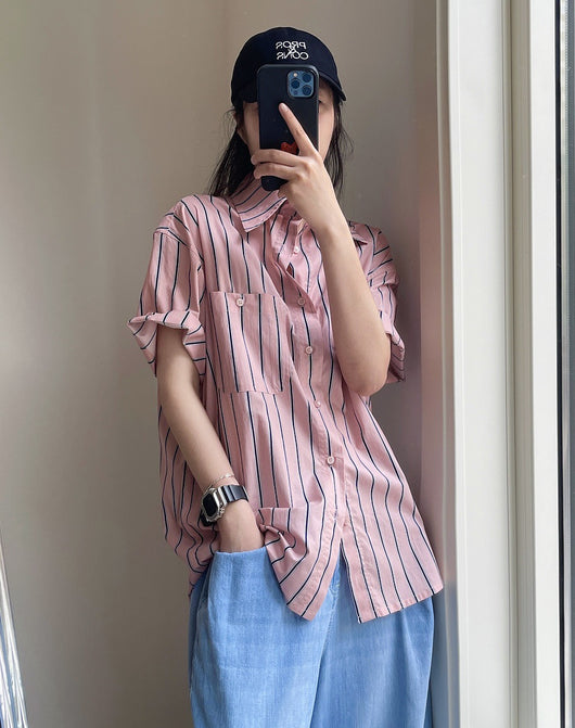 Camisa Retro de Rayas con Solapa Literaria, Manga Corta Suelta y Ligera - Image 47