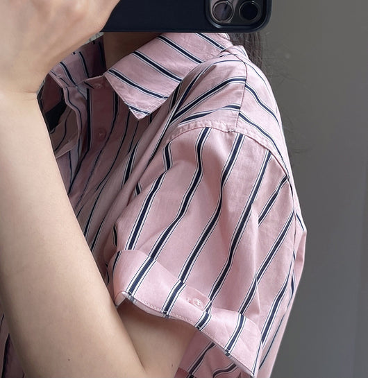 Camisa Retro de Rayas con Solapa Literaria, Manga Corta Suelta y Ligera - Image 49