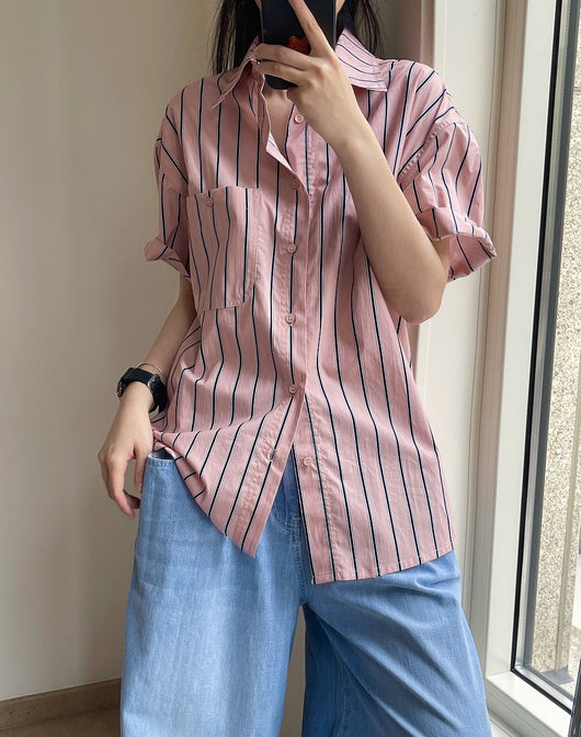 Camisa Retro de Rayas con Solapa Literaria, Manga Corta Suelta y Ligera - Image 50