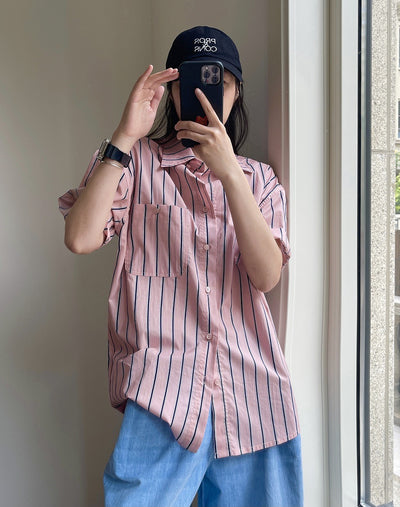 Camisa Retro de Rayas con Solapa Literaria, Manga Corta Suelta y Ligera - Image 51