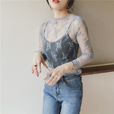 Blusa Encaje Transparente Manga Larga - Prenda Versátil para Capas - Image 10