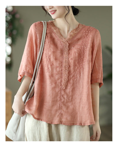 Blusa de Lino Ramio con Cuello en V y Encaje Bordado para Mujer - Image 6